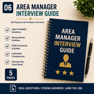 May include: A spiral-bound Area Manager Interview Guide notebook with a dark blue cover featuring gold text and a silhouette icon of a person with three stars. The guide includes sections for questions, answer guidance, and a cheat sheet.