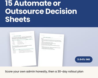 May include: A digital product titled 15 Automate or Outsource Decision Sheets featuring two white pages with text, a 3.64% ink label, and the text Score your own admin honestly, then a 30-day rollout plan, 34 pages, A4 + US Letter, instant download.
