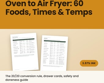May include: A digital guide titled Oven to Air Fryer: 60 Foods, Times & Temps, featuring two white pages with black text tables listing cooking instructions. The document includes a 20/20 conversion rule, drawer cards, safety and doneness guide, totalling 14 pages in A4 and US Letter sizes.