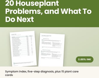 May include: A digital plant care guide titled 20 Houseplant Problems, and What To Do Next. The document includes a symptom index, a five-step diagnosis, and 15 plant care cards across 22 pages in A4 and US Letter formats, marked as 2.88% INK.