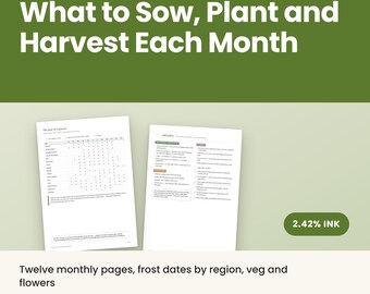 May include: A digital gardening guide titled UK Gardening: What to Sow, Plant and Harvest Each Month. It includes a year-at-a-glance chart and a January page with 16 pages total in A4 and US Letter sizes. The document features 2.42% ink usage.