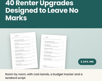 May include: A digital guide titled First Apartment 40 Renter Upgrades Designed to Leave No Marks, featuring two white pages with checklists for living room and kitchen improvements, a 3.24% ink label, and text detailing 11 pages in A4 and US Letter.