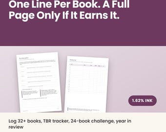 May include: A reading journal with white pages featuring a rating system and reading log. The text reads: Reading Journal, One Line Per Book. A Full Page Only If It Earns It. Includes 14 pages in A4 and US Letter sizes, 1.62% ink, and a 24-book challenge.