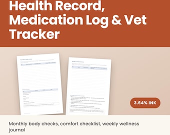 May include: A digital senior dog health record, medication log, and vet tracker with 12 pages in A4 and US Letter sizes. The document includes monthly body checks, a comfort checklist, and a weekly wellness journal with 3.64% ink usage.