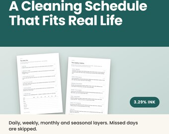 May include: A digital cleaning schedule template featuring two white pages with black text titled The Daily Ten and The Weekly Rhythm. The graphic includes the text Cleaning Routine, A Cleaning Schedule That Fits Real Life, 3.29% INK, and 11 pages.