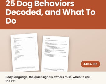 May include: A digital guide titled 25 Dog Behaviors Decoded, and What To Do, featuring two white pages with black text on a light background. The document includes a list of behaviours, explanations, and a 4.84% ink label. It is 28 pages in A4 and US Letter size.