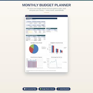Peut inclure: Un tableau de bord numérique de planification budgétaire mensuelle pour Google Sheets et Excel. L'interface affiche des données financières, notamment les revenus, dépenses, épargnes nettes et soldes, avec des graphiques circulaires et linéaires.