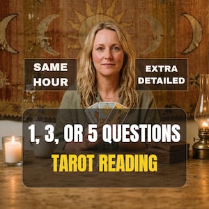 May include: A person holding three tarot cards with text overlays reading SAME HOUR, EXTRA DETAILED, 1, 3, OR 5 QUESTIONS, and TAROT READING. The scene includes a lit candle in a glass holder and a vintage oil lamp on a wooden table surface.