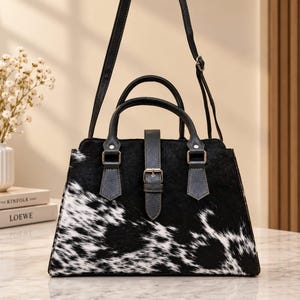 Real Hair on Hide Leather Handbag Black White Cowhide Tote Western Style Purse