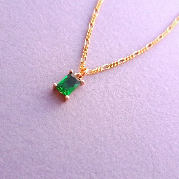 Green Emerald Necklace, Dainty Gold Necklace, Emerald Jewelry, Women, Bridesmaids Gift, Gold Solitaire Emerald Baguette Pendant