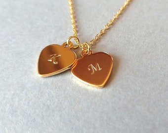 Two Heart Initial Necklace, Gold Heart Necklace, Dainty One or Two Initial Charms, Custom Initials, Gold Heart Tags, Gift For Her