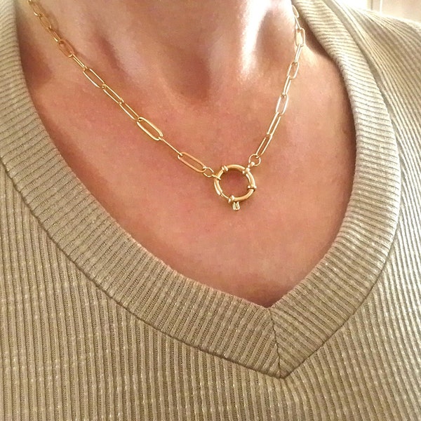 Collier trombone doré avec anneau porte-breloques, collier à maillons dorés avec cadenas nautique, pendentif à fermoir sur le devant, tour de cou ou plus long, cadeau pour elle