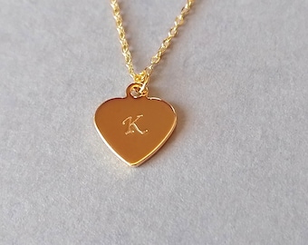 Gold Initial Heart Necklace, Personalized Gift For Her, Dainty Gold Heart Necklace, Heart Tag, Custom Initial Necklace