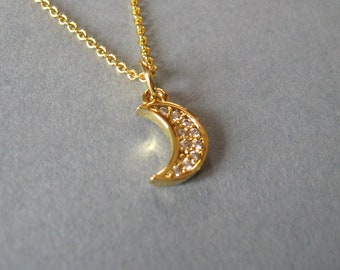 Gold Crescent Moon Necklace, Pave Moon Charm, Christmas Gift, Half Moon, Dainty Gold Necklace, Gift For Her, Gold Moon Choker