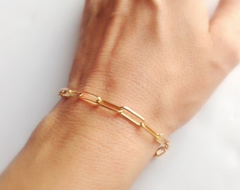 Gold Chain Link Bracelet, Men, Women, Unisex, Gift for Him, 18K Gold Stainless Steel Paperclip Bracelet, Tarnish Free