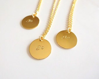 Long Gold Disc Necklace, Custom Initial Necklace, Personalized Disc, Dainty Gold Round Tag, Gift For Her, Long Gold Necklace