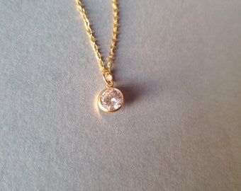 Diamond Solitaire Necklace, April Birthstone, Small Gold Tiny Round Diamond, Gift For Her, Girlfriend Gift, Dainty Gold Necklace