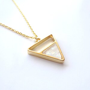 Long Gold Pendant Necklace, White Opal Pendant Necklace, Triangle Opal Charm, Black Dress Accent, Women, Gift For Her