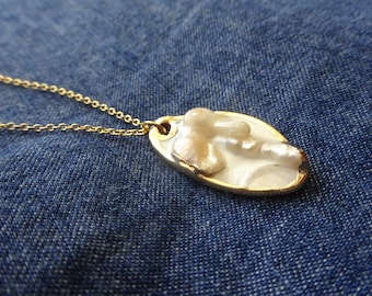 Long Gold Necklace, Single Framed Pearl Pendant, Baroque Pearl Necklace, Dainty Gold Necklace, Unique Irregular Big Oval Pearl, Gift For Her