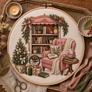 May include: A circular embroidery hoop containing a cross-stitch design of a cozy room scene. It features a pink armchair with a throw blanket, a bookshelf filled with books, a decorated Christmas tree, wrapped gifts, and a small side table.