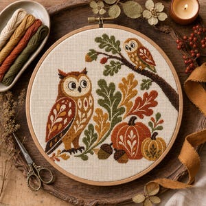 May include: A circular wooden embroidery hoop containing a cross-stitch design on cream fabric. The pattern features a large brown owl, a smaller owl on a branch, two orange and yellow pumpkins, acorns, and oak leaves in shades of green and gold.