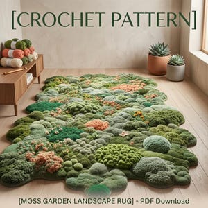 May include: A crochet pattern for a moss garden landscape rug, available as a PDF download. The rug features a textured, irregular shape with various shades of green, peach, and cream yarn, mimicking a natural mossy forest floor surface.