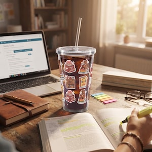 Puede incluir: Un vaso de plástico transparente con tapa y pajita, lleno de café helado oscuro. El exterior está decorado con varias pegatinas de temática literaria, incluyendo ilustraciones de osos leyendo, estanterías y el texto "BOOKS ARE THE BEST" y "AUDIOBOOK".