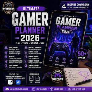 Video Game Planner 2026 | Gaming Backlog Tracker | Game Library, Wishlist & Achievement Log | Printable PDF