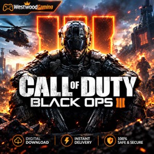 Può includere: Una copertina del videogioco Call of Duty Black Ops III con un soldato centrale in equipaggiamento tattico e casco. Lo sfondo mostra un campo di battaglia infuocato con elicotteri e soldati. Il testo include WestwoodGaming, Call of Duty, Black Ops III, Digital Download, Instant Delivery e 100% Safe & Secure.