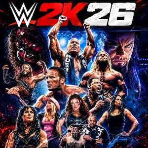 Peut inclure: Une affiche promotionnelle pour WWE 2K26 présentant un collage de catcheurs professionnels, dont The Rock, The Undertaker et Kane. Le design utilise une palette de couleurs bleu foncé et rouge avec le logo blanc WWE 2K26 affiché en haut.