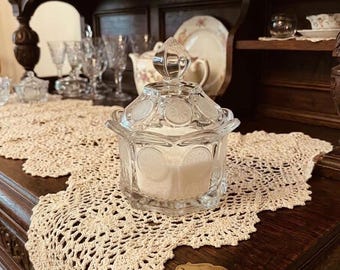 Fostoria Coin Glass Covered Sugar Bowl, Clear Frosted Medallions (Vintage)