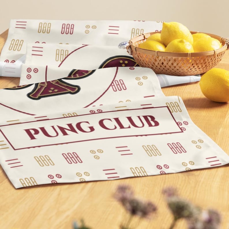 Mahjong table runner with bamboo tile pattern and Pung Club emblem