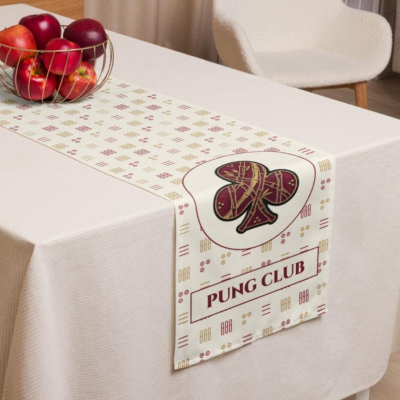 Mahjong table runner with bamboo tile pattern and Pung Club emblem