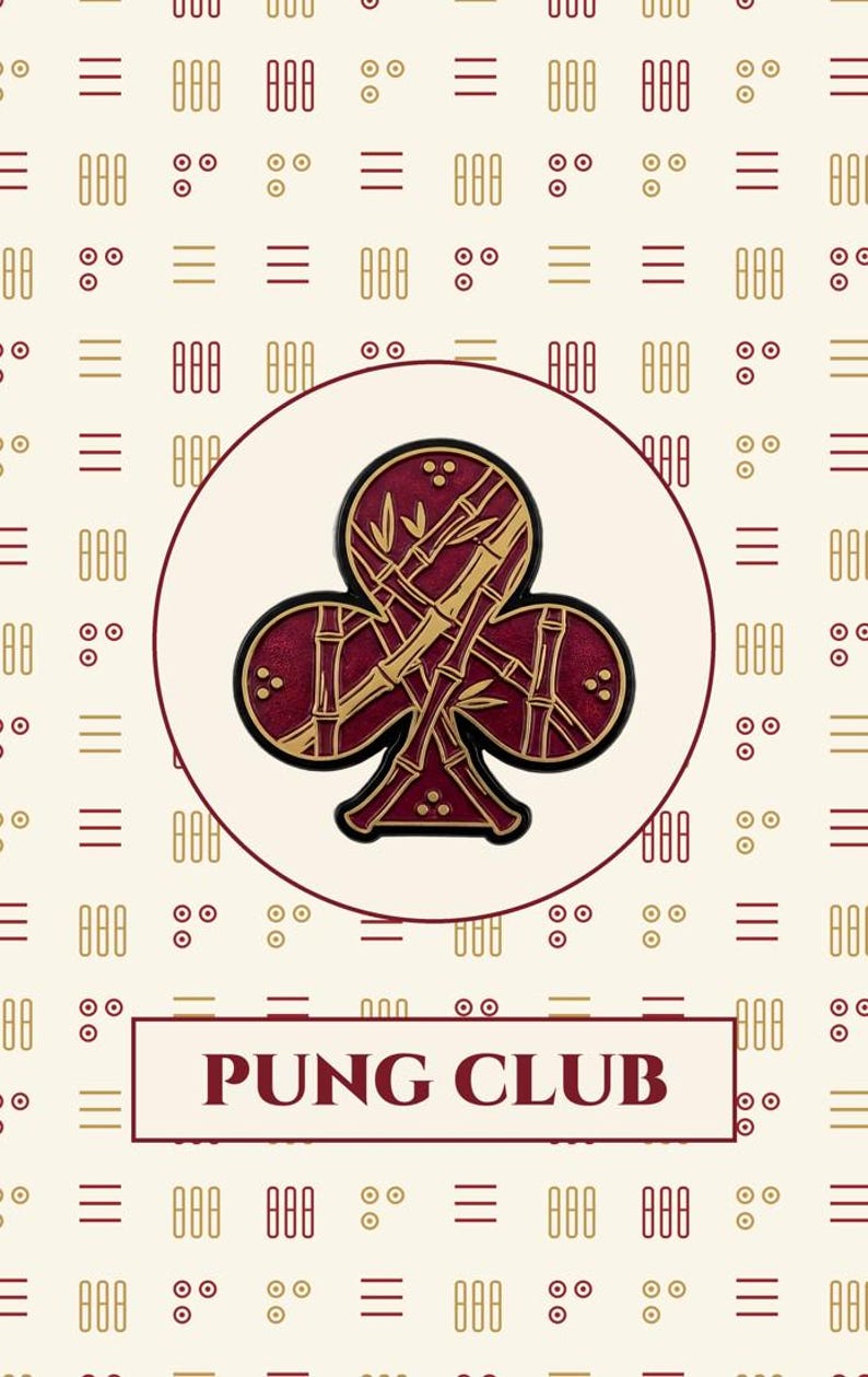 Mahjong table runner with bamboo tile pattern and Pung Club emblem