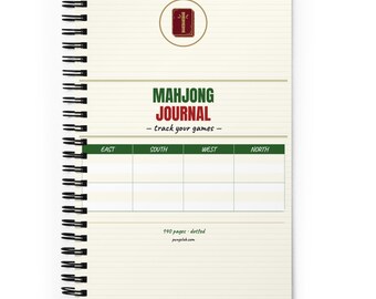 Cuaderno de espiral para mahjong con cubierta de bambú y páginas punteadas.