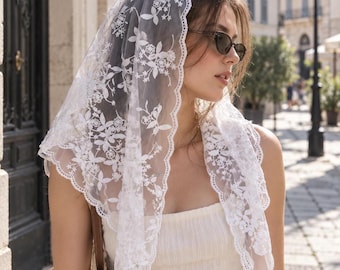 Romantic White Lace Triangle Headscarf,Sheer Floral Embroidered Hair Scarf,French Vintage Kerchief,Lightweight Summer Veil, Bridal Accessory