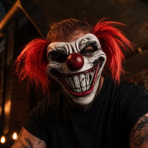 Pode incluir: Uma máscara de palhaço de rosto inteiro com base branca, detalhes pretos desgastados, um nariz vermelho redondo proeminente e um sorriso largo com dentes delineado em vermelho, incluindo cabelo sintético vermelho brilhante nas laterais.