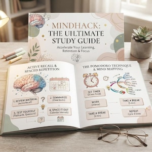 Könnte beinhalten: Ein offener Studienführer mit dem Titel Mindhack: The Ultimate Study Guide, dessen Seiten Diagramme eines Gehirns, eines Kalenders, einer Uhr sowie Text zu aktivem Abruf, verteilter Wiederholung, Pomodoro-Technik und Mindmapping zeigen.