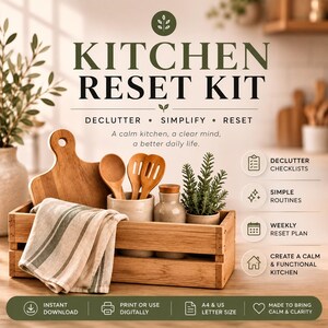 May include: A wooden crate containing a wooden cutting board, wooden spoons, a small ceramic jar, and a green plant. A striped kitchen towel hangs over the side. Text reads KITCHEN RESET KIT, DECLUTTER, SIMPLIFY, RESET, and other descriptive labels.