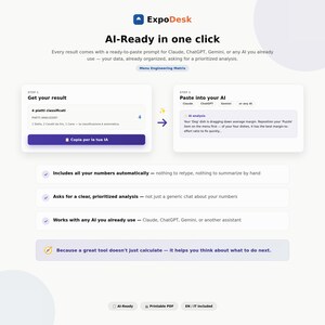 Könnte beinhalten: Eine digitale Benutzeroberfläche für ExpoDesk mit dem Titel AI-Ready in one click. Sie zeigt einen zweistufigen Prozess für KI-Analysen mit Textfeldern für Ergebnisse und Eingabeaufforderungen sowie eine Liste von Funktionen zur automatisierten Datenanalyse.
