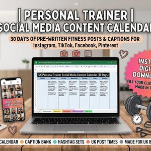 May include: A digital personal trainer social media content calendar displayed on a laptop screen and smartphone, featuring 30 days of fitness posts, captions, and hashtags, accompanied by a dumbbell, shaker bottle, and towel on a wooden surface.