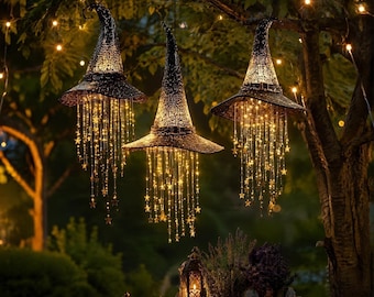 Beleuchtetes Hexenhut-Windspiel, Halloween-Hängedekoration, warmes LED-Veranda-Ornament