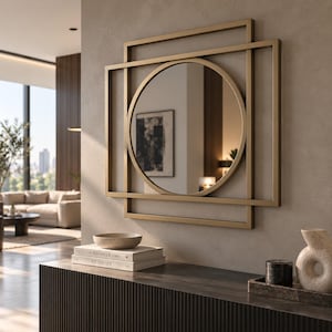 May include: A wall-mounted mirror featuring a circular glass centre framed by a series of overlapping rectangular gold metal bars. The geometric design creates a layered effect, with the circular mirror positioned centrally within the frame structure.