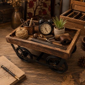 Può includere: Un carrello in legno con ruote in metallo nero che contiene una sveglia nera a doppia campana, una tazza color rame con una penna e forbici, un gomitolo di spago, una piccola pianta grassa e vari utensili manuali in metallo e legno.