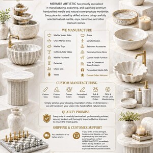 May include: A promotional display for Mermer Artistic featuring various handcrafted natural stone products including marble vessel sinks, a tiered fountain, a chess set, vases, and candle holders, all presented on marble surfaces with gold accents.