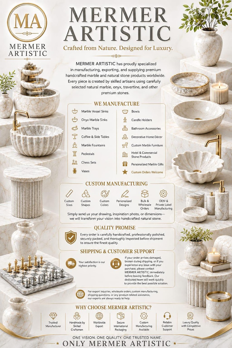 May include: A promotional display for Mermer Artistic featuring various handcrafted natural stone products including marble vessel sinks, a tiered fountain, a chess set, vases, and candle holders, all presented on marble surfaces with gold accents.