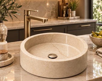 Handgefertigtes Bottcino Creme Waschbecken, rundes Aufsatzwaschbecken aus Naturstein, luxuriöses Waschtischwaschbecken, 40,6 cm (16 Zoll)