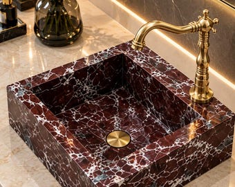 Aufsatzwaschbecken aus rotem Marmor | Rechteckiges Steinwaschbecken Rosso Levanto für Badezimmer | Luxuriöses Waschbecken aus burgunderrotem Marmor