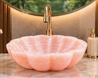 Luxuriöses Aufsatzwaschbecken aus rosafarbenem Rosenquarz | Naturstein-Waschbecken für Badezimmer | Kristall-Waschbecken mit blumenförmigem Muschelmuster für moderne Waschtische