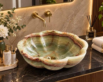 Mermerartistic Aufsatzwaschbecken aus grünem Onyx mit Blumenmuster | Naturstein-Waschbecken | Handgefertigtes Luxus-Marmorwaschbecken mit Rostadern